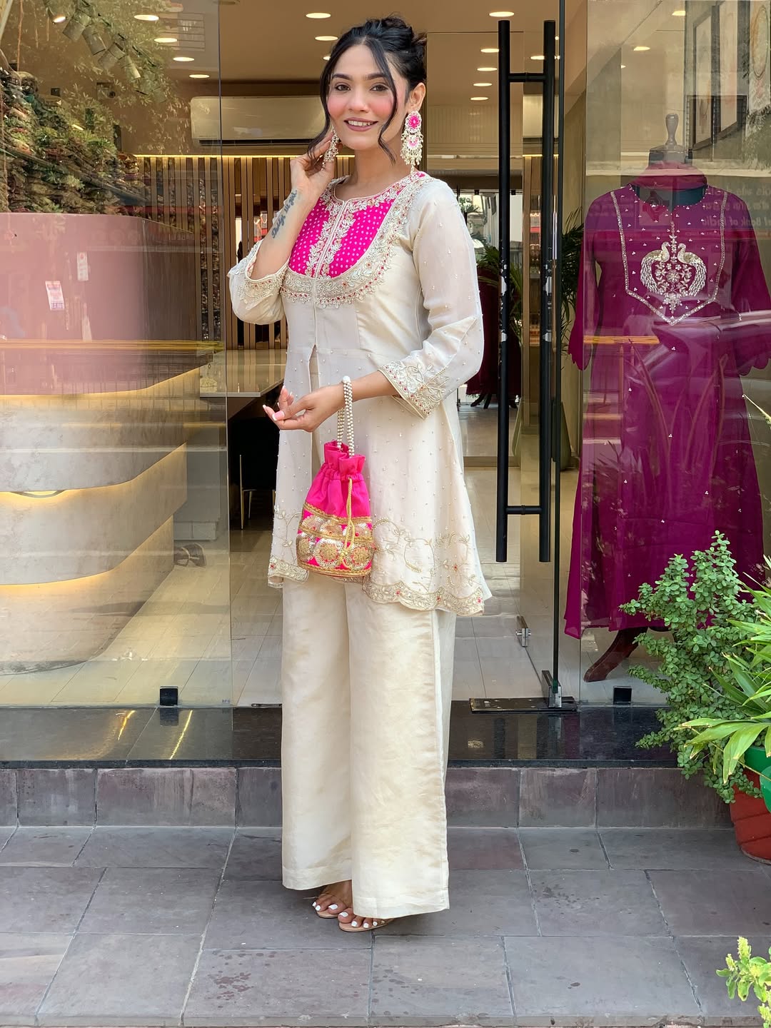 Elegant Cream & Pink Glass Tissue Suit Set