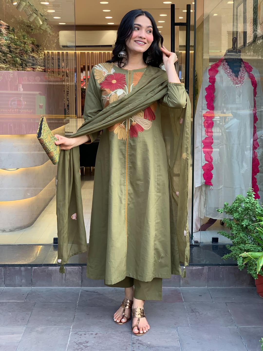 Premium Mehandi  Floral  Kurta Set with Dupatta