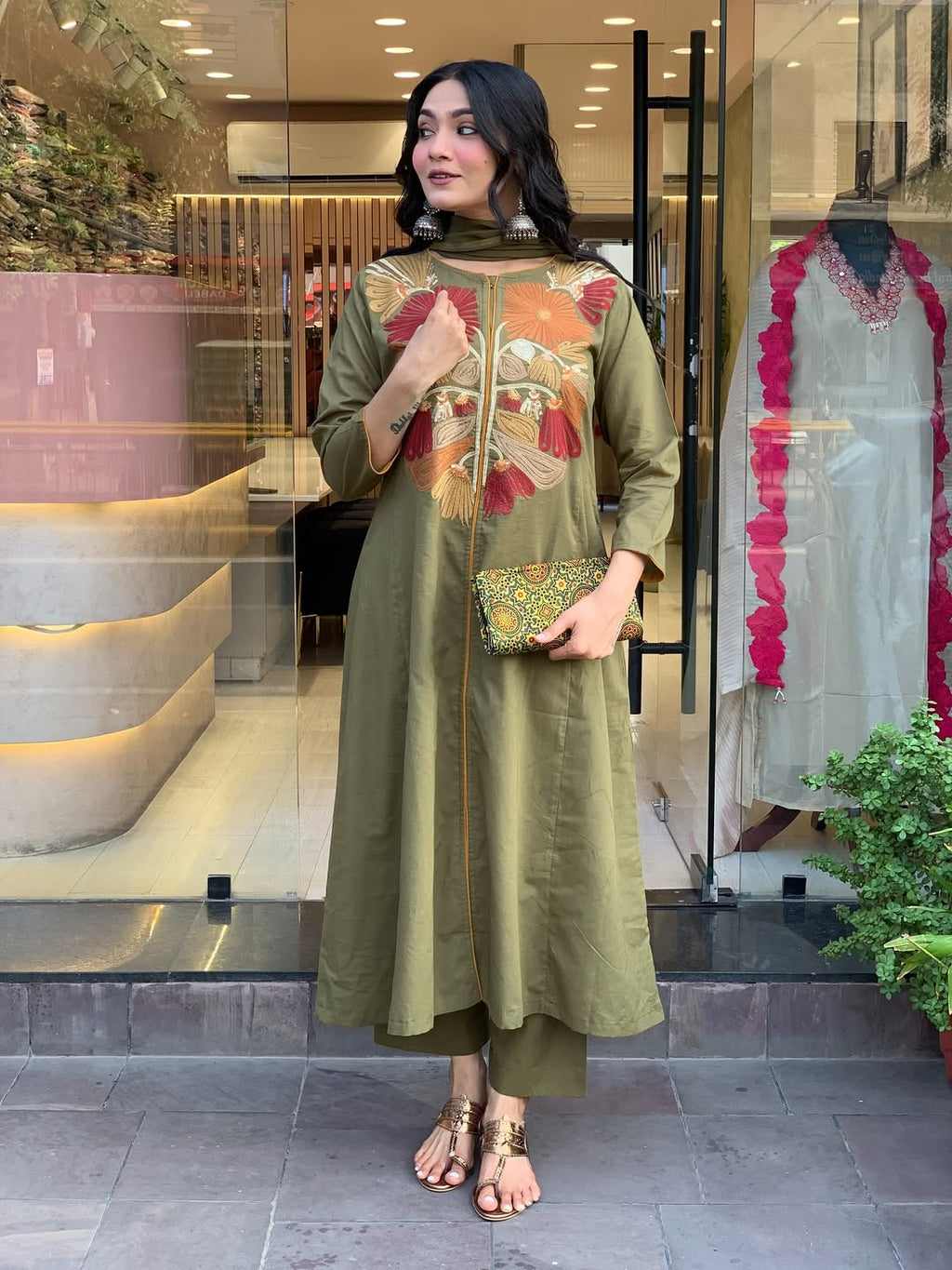 Premium Mehandi  Floral  Kurta Set with Dupatta