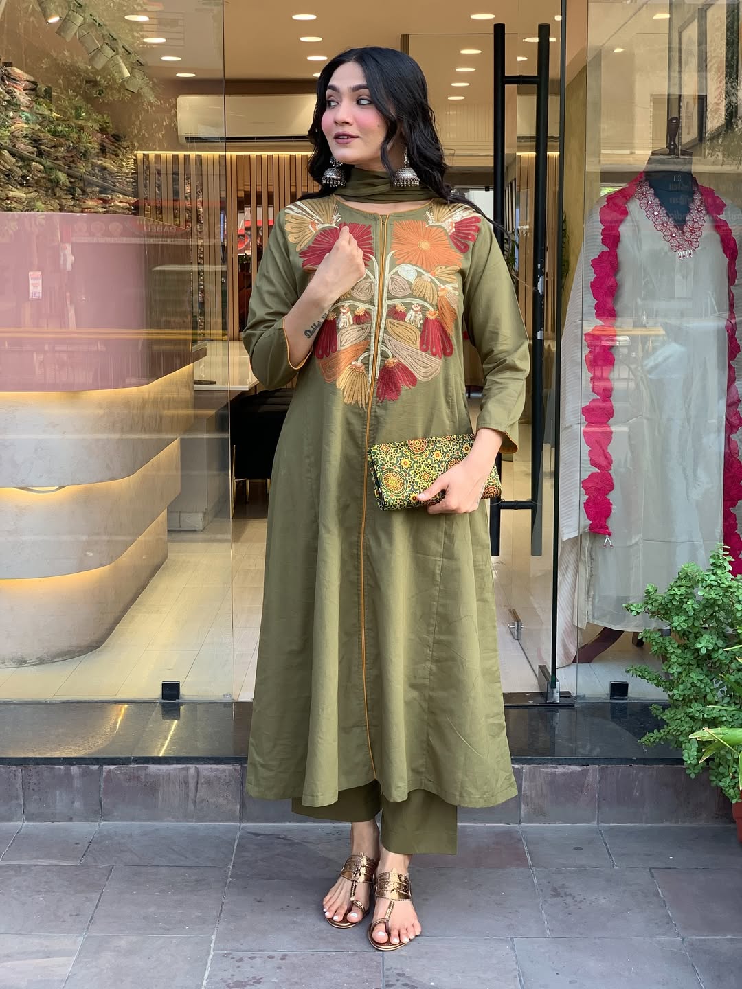 Premium Mehandi  Floral  Kurta Set with Dupatta