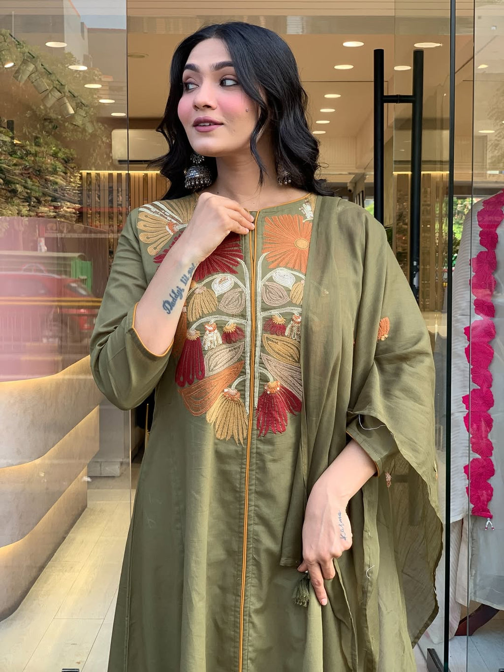 Premium Mehandi  Floral  Kurta Set with Dupatta