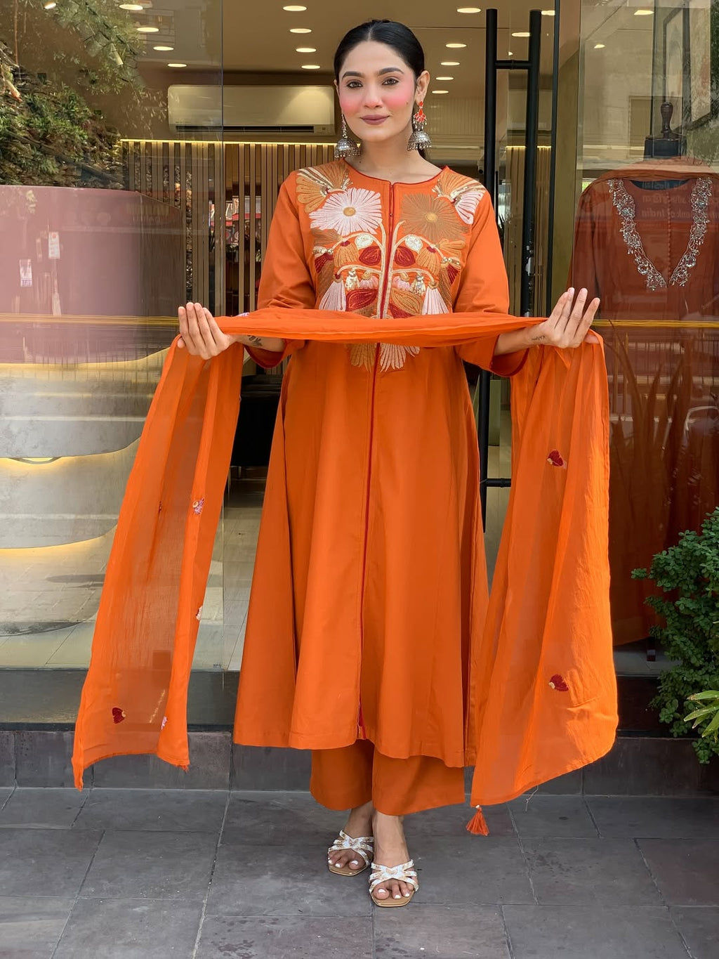 Premium Rust Orange Floral Embroidered Kurta Set with Dupatta