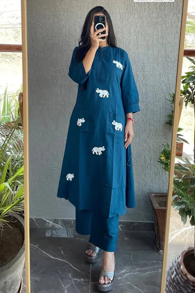 New Printed Kurta Pant Set Blue