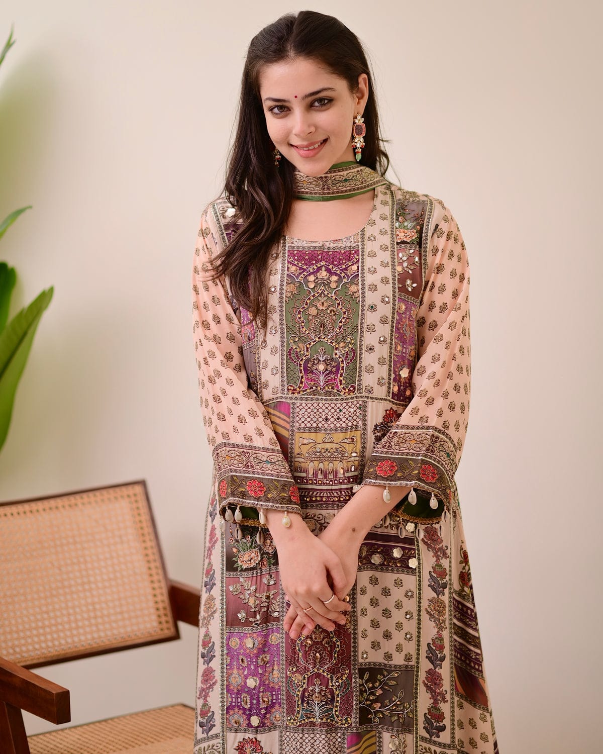 Green Crepe Handwork A Line Festive Suit