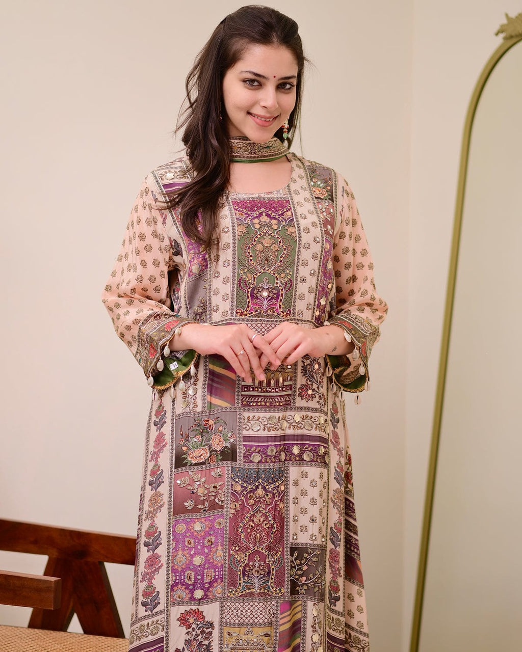 Green Crepe Handwork A Line Festive Suit