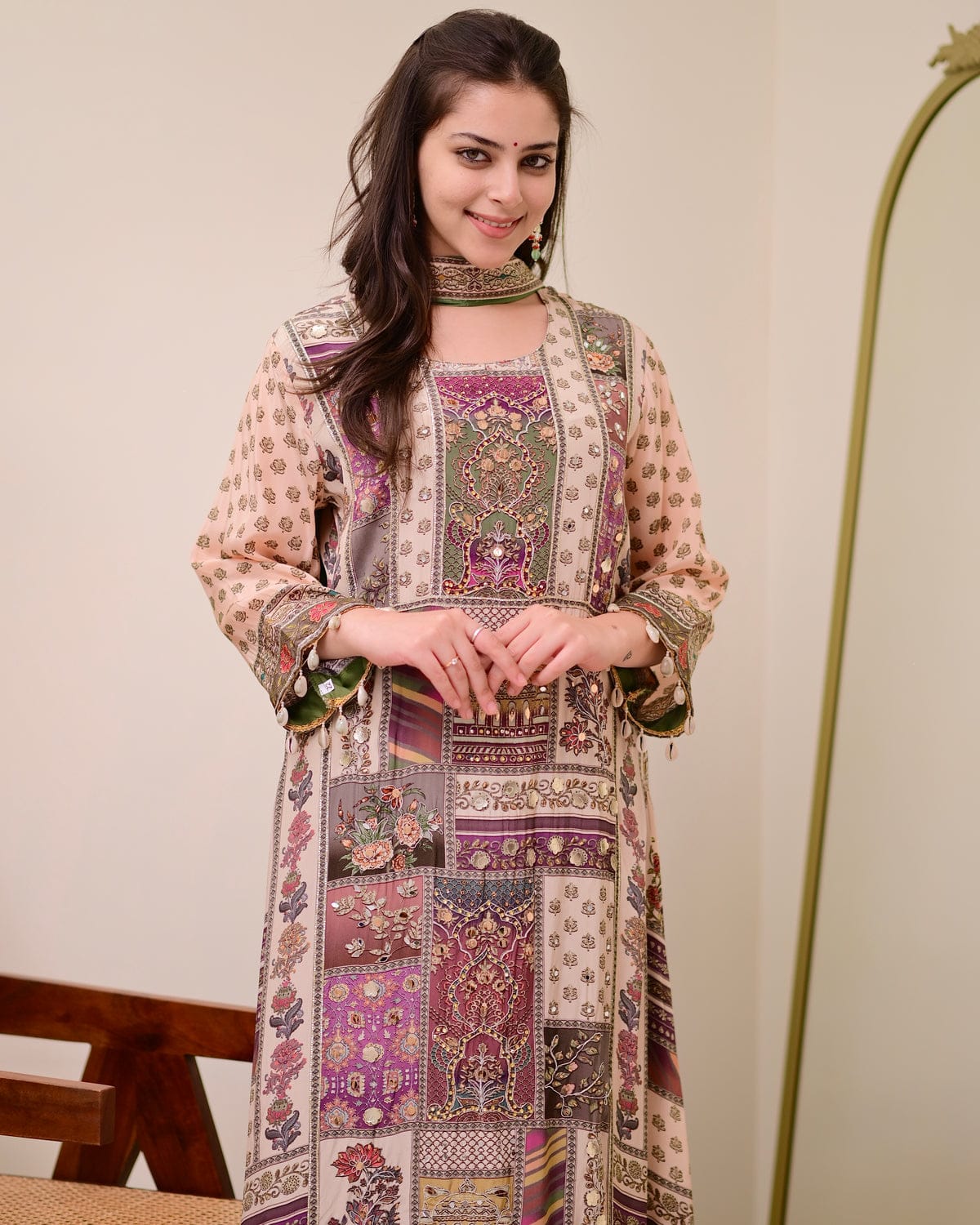 Green Crepe Handwork A Line Festive Suit