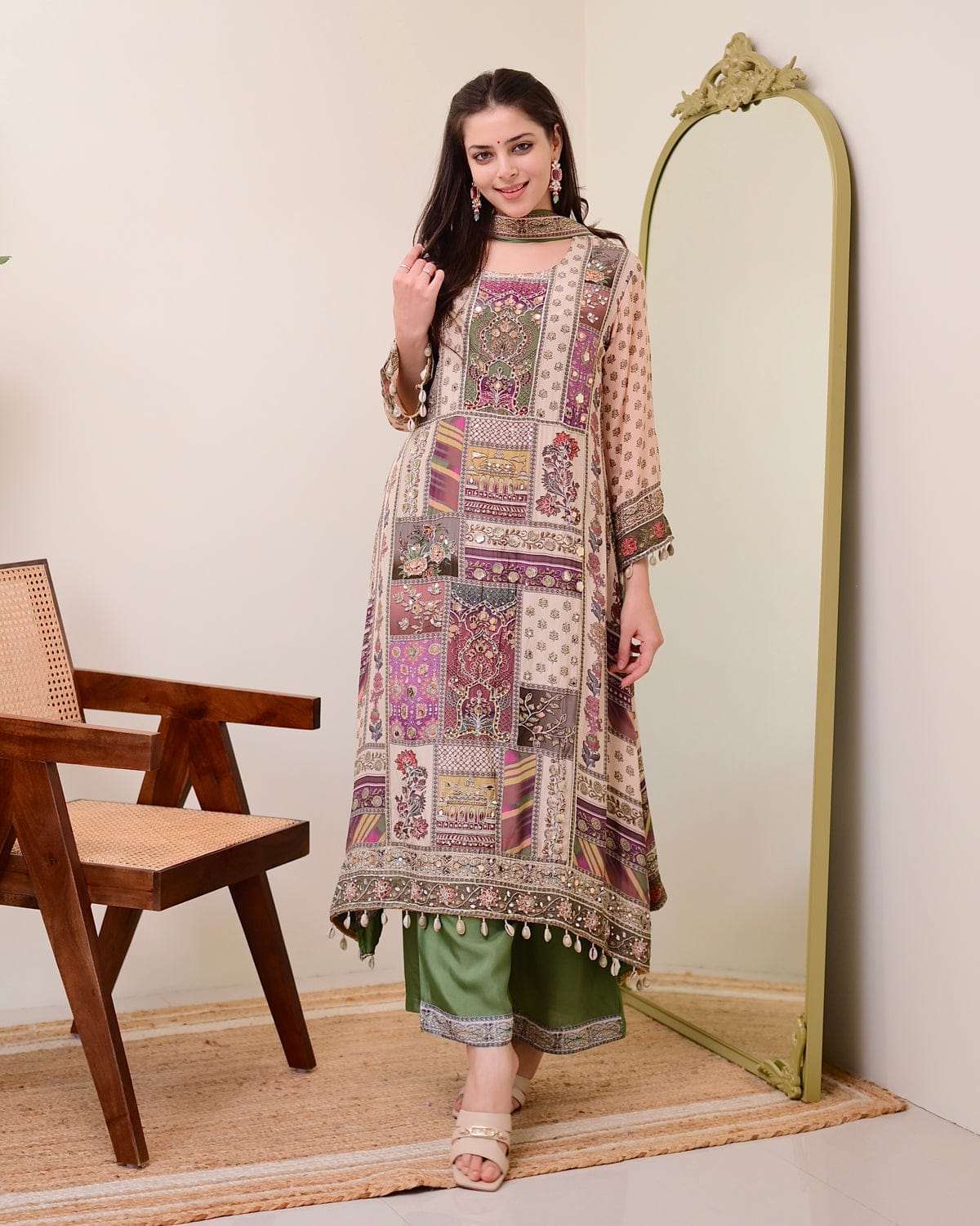 Green Crepe Handwork A Line Festive Suit