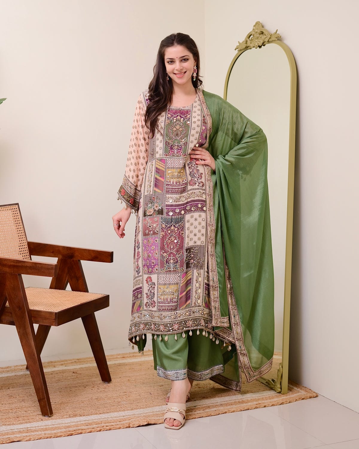 Green Crepe Handwork A Line Festive Suit