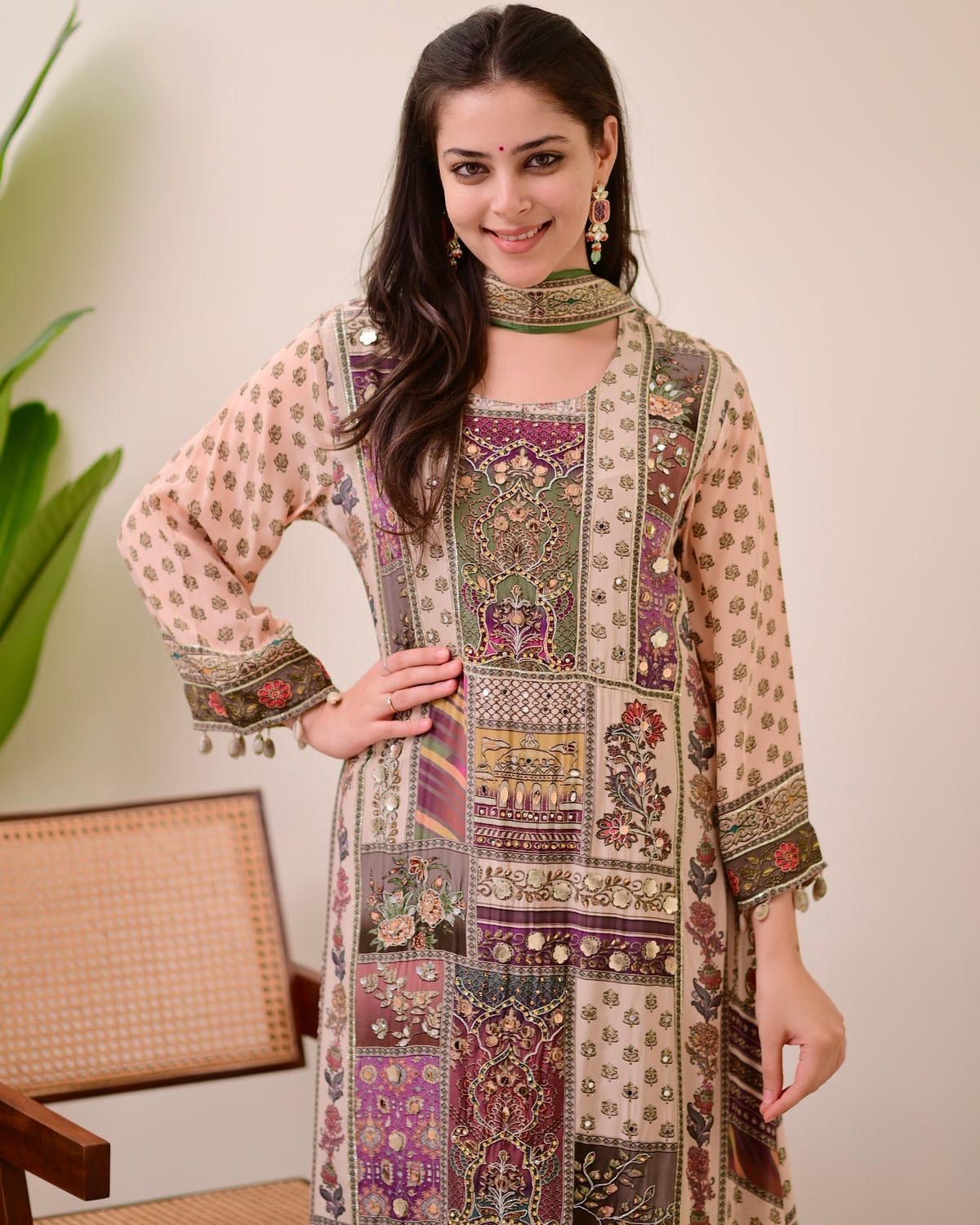 Green Crepe Handwork A Line Festive Suit