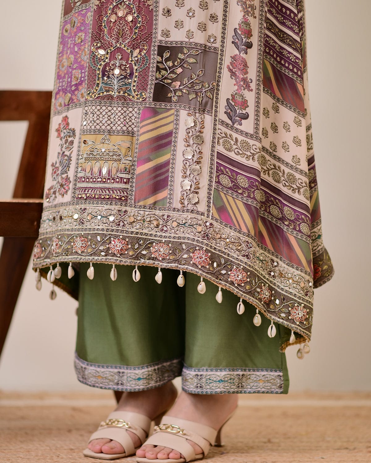 Green Crepe Handwork A Line Festive Suit