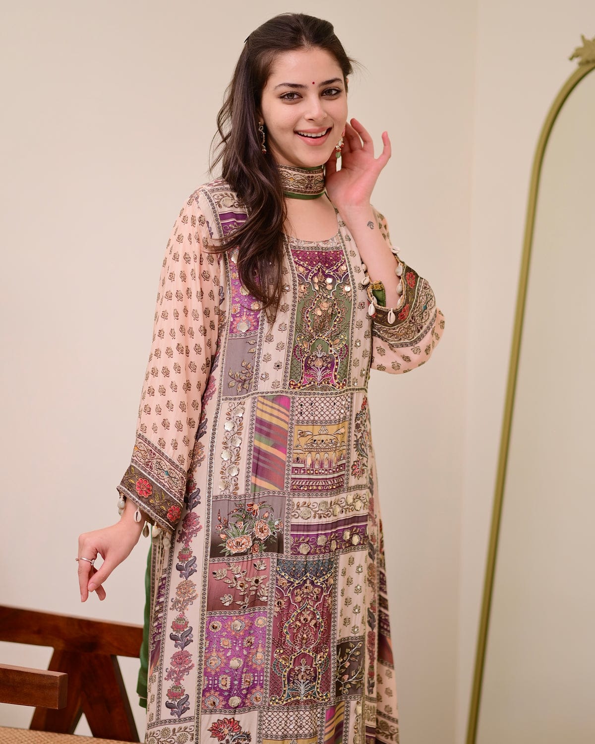 Green Crepe Handwork A Line Festive Suit