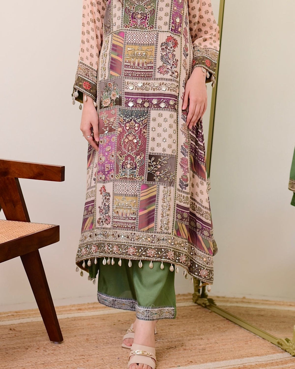 Green Crepe Handwork A Line Festive Suit
