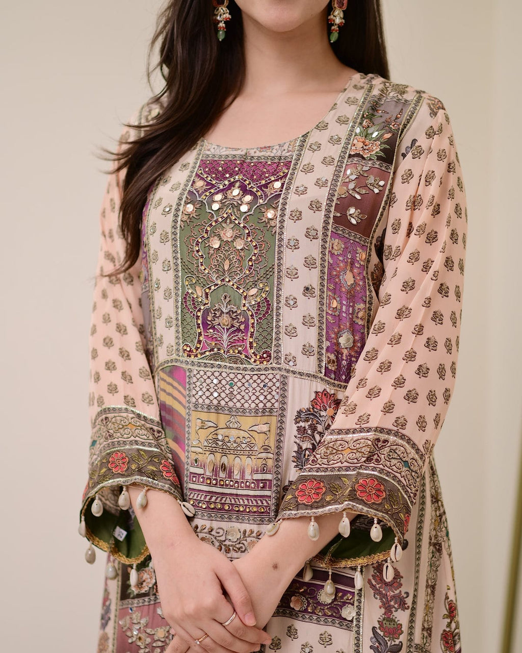 Green Crepe Handwork A Line Festive Suit