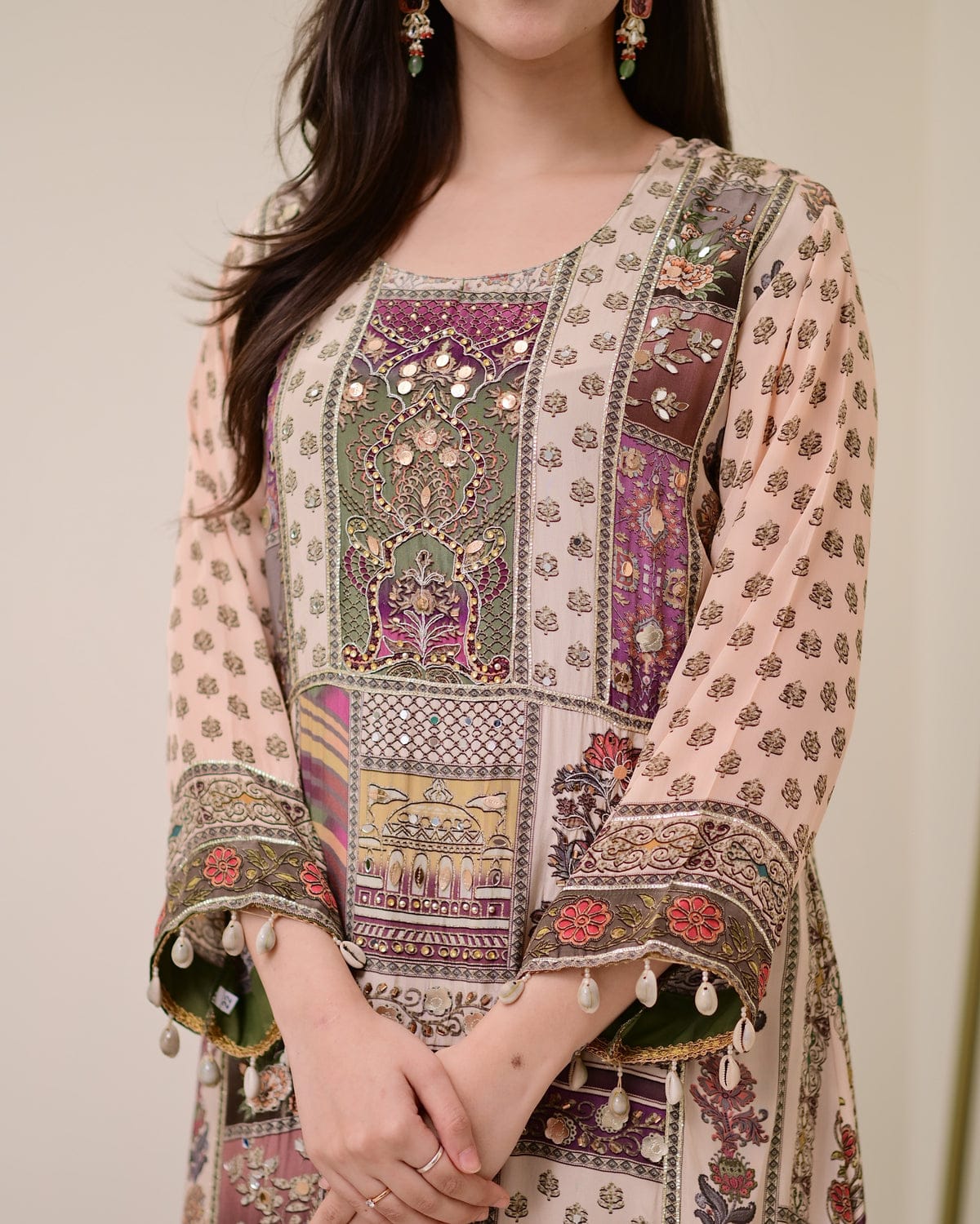 Green Crepe Handwork A Line Festive Suit