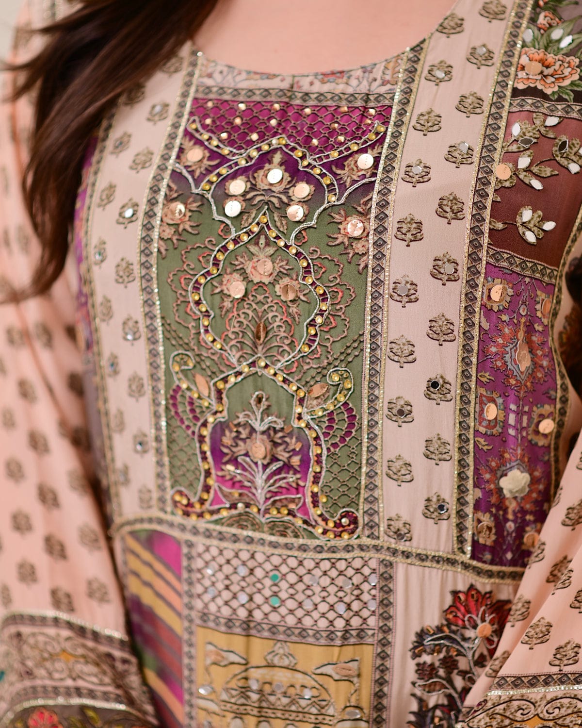 Green Crepe Handwork A Line Festive Suit