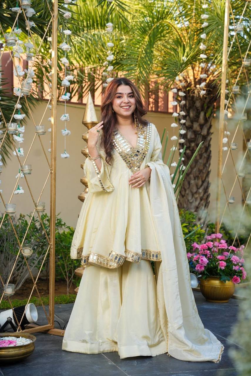 Ivory Mirror-Work Anarkali Sharara Set with Dupatta