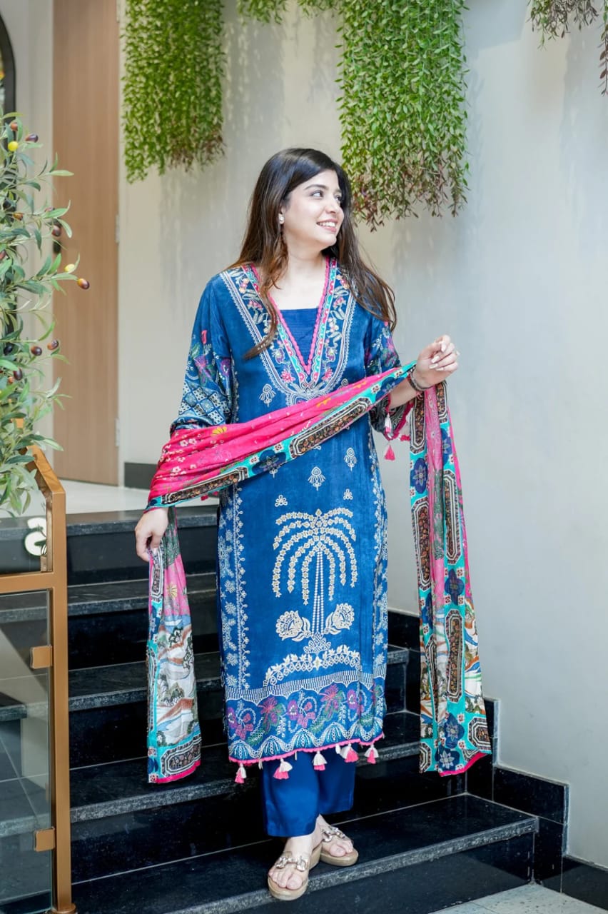 Navy Blue Embroidered Cotton Suit Set with Printed Dupatta