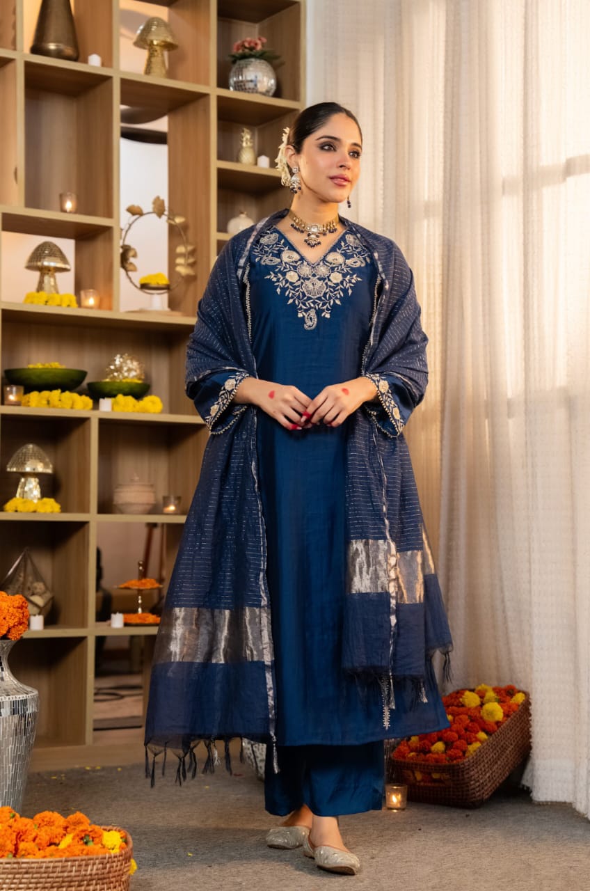Blue  Embroidered Kurta Pant Set with Dupatta