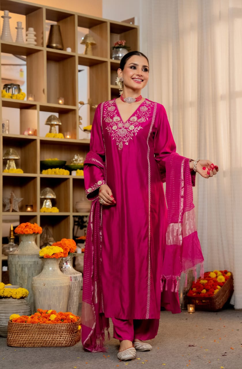 Magenta / Rani Pink Embroidered Kurta Pant Set with Dupatta