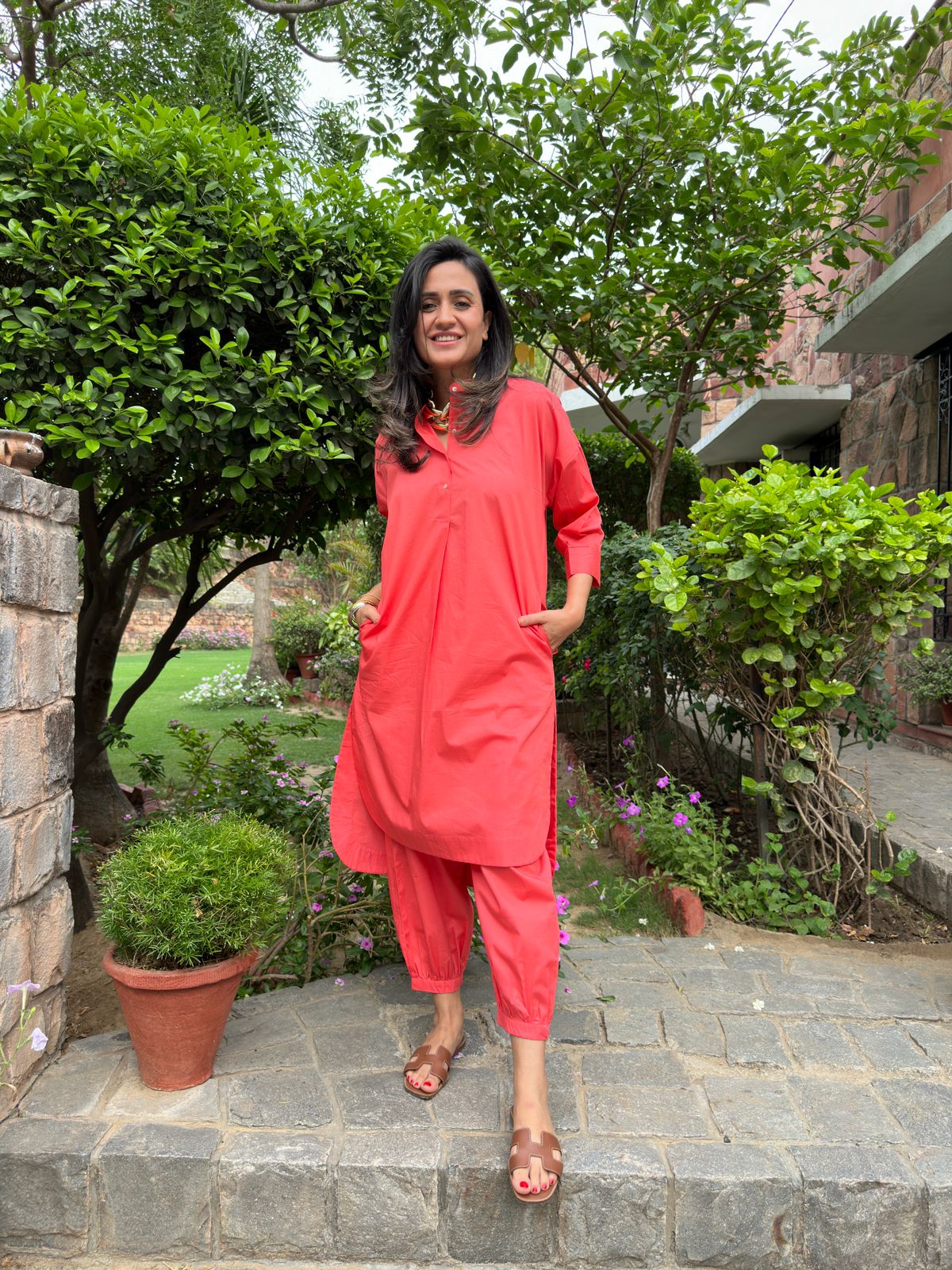 Coral Red Cotton Coord Set