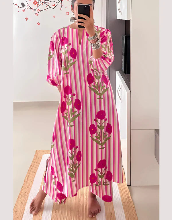 Pink & White Striped Floral Printed Cotton Kaftan Kurta