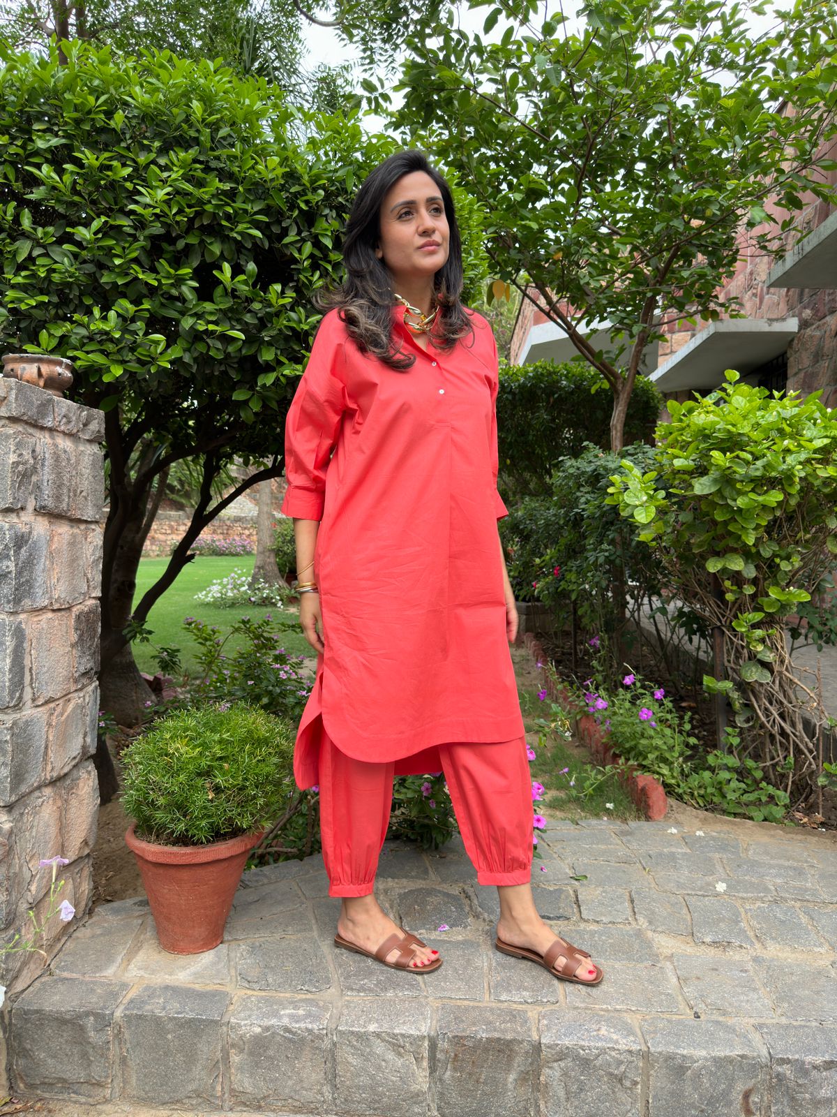 Coral Red Cotton Coord Set