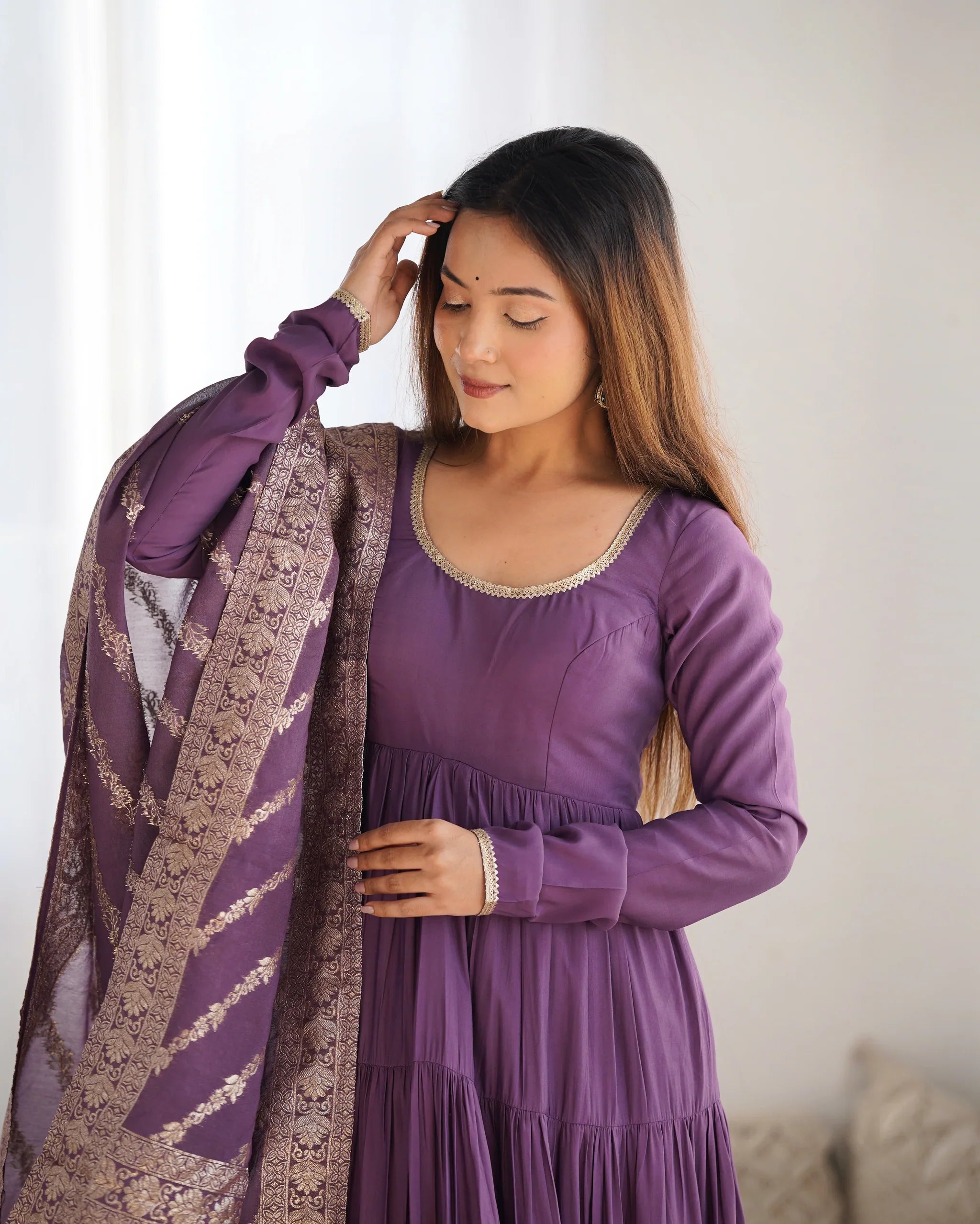 Mauve Purple Silk Gown With Jacquard Banarasi Dupatta