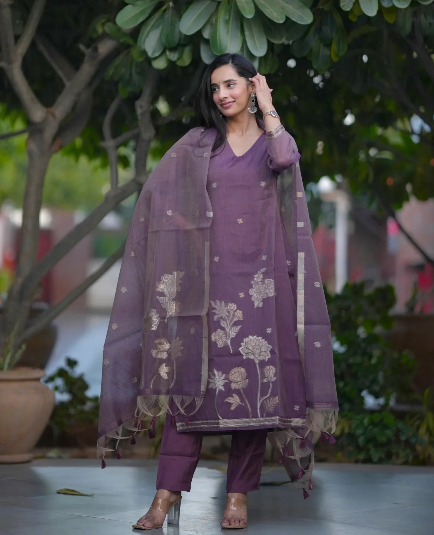 Elegant Mauve Purple Kurta Pant Set with Floral Print & Sheer Dupatta