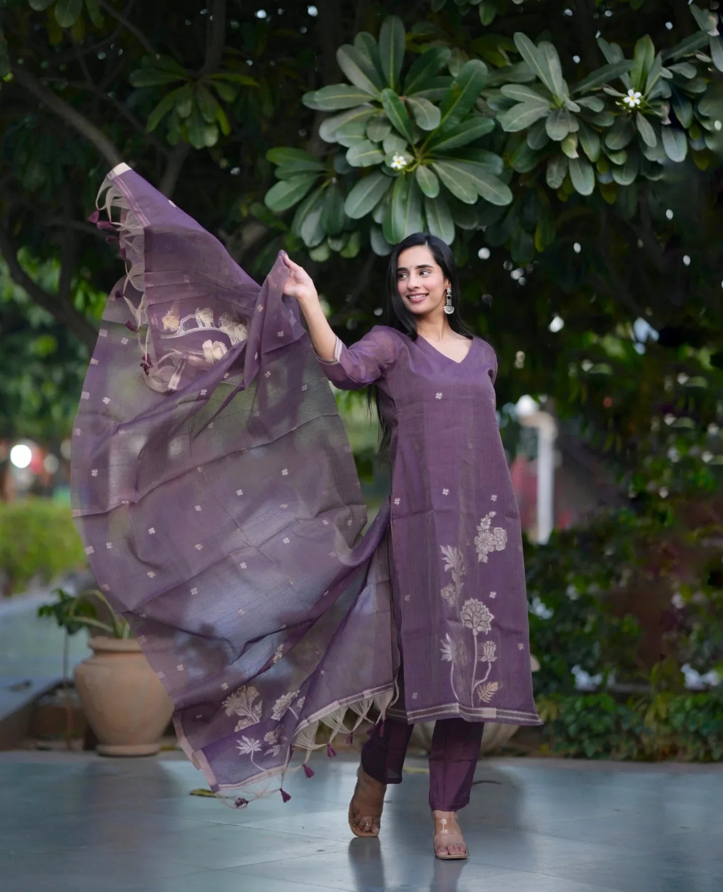 Elegant Mauve Purple Kurta Pant Set with Floral Print & Sheer Dupatta