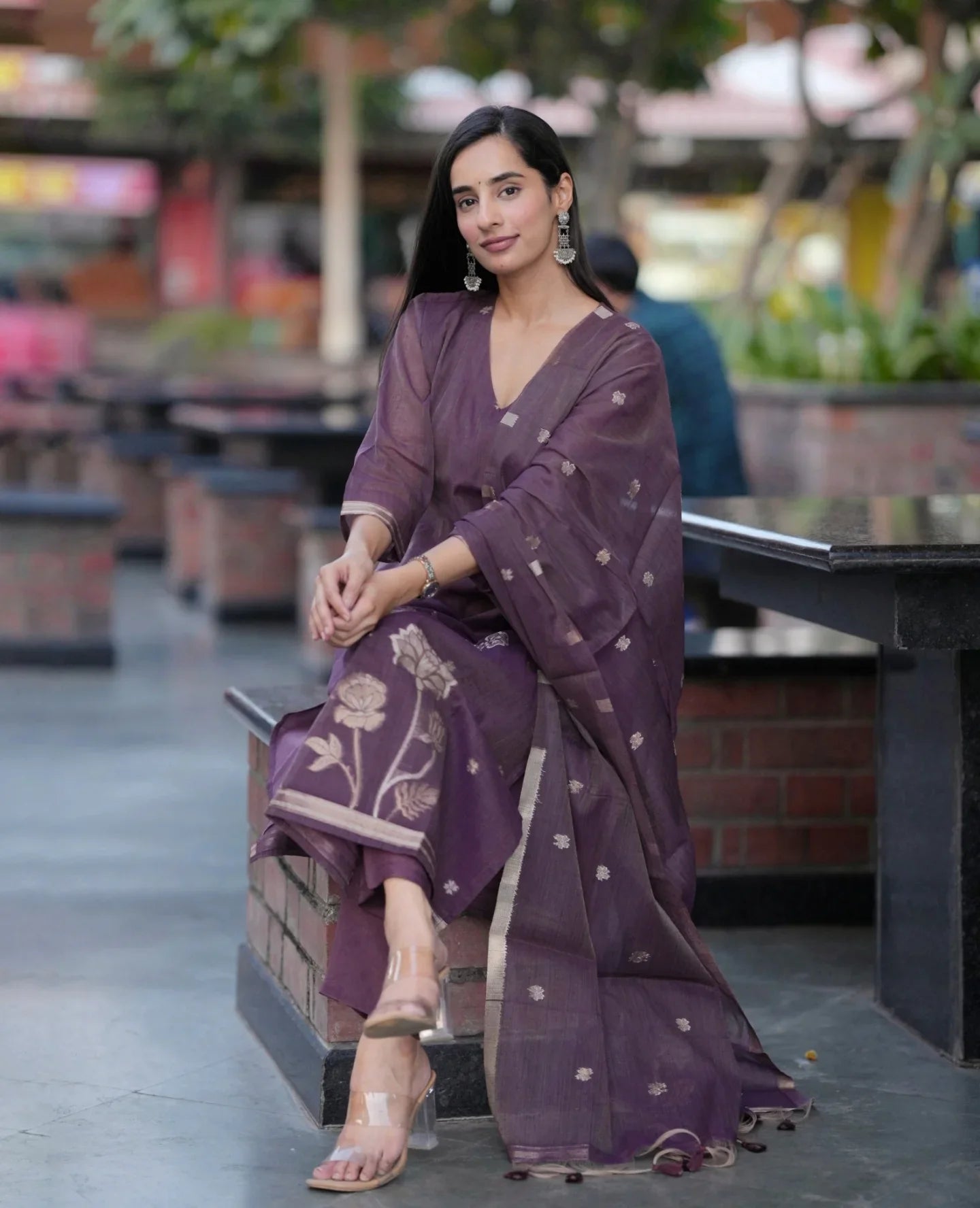 Elegant Mauve Purple Kurta Pant Set with Floral Print & Sheer Dupatta