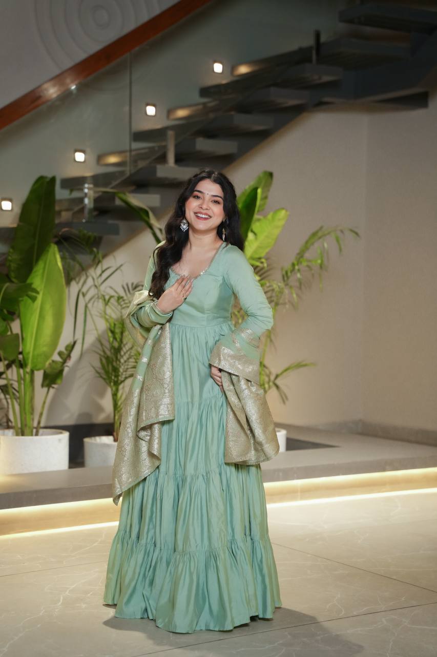 Pista Silk Gown With Jacquard Banarasi Dupatta
