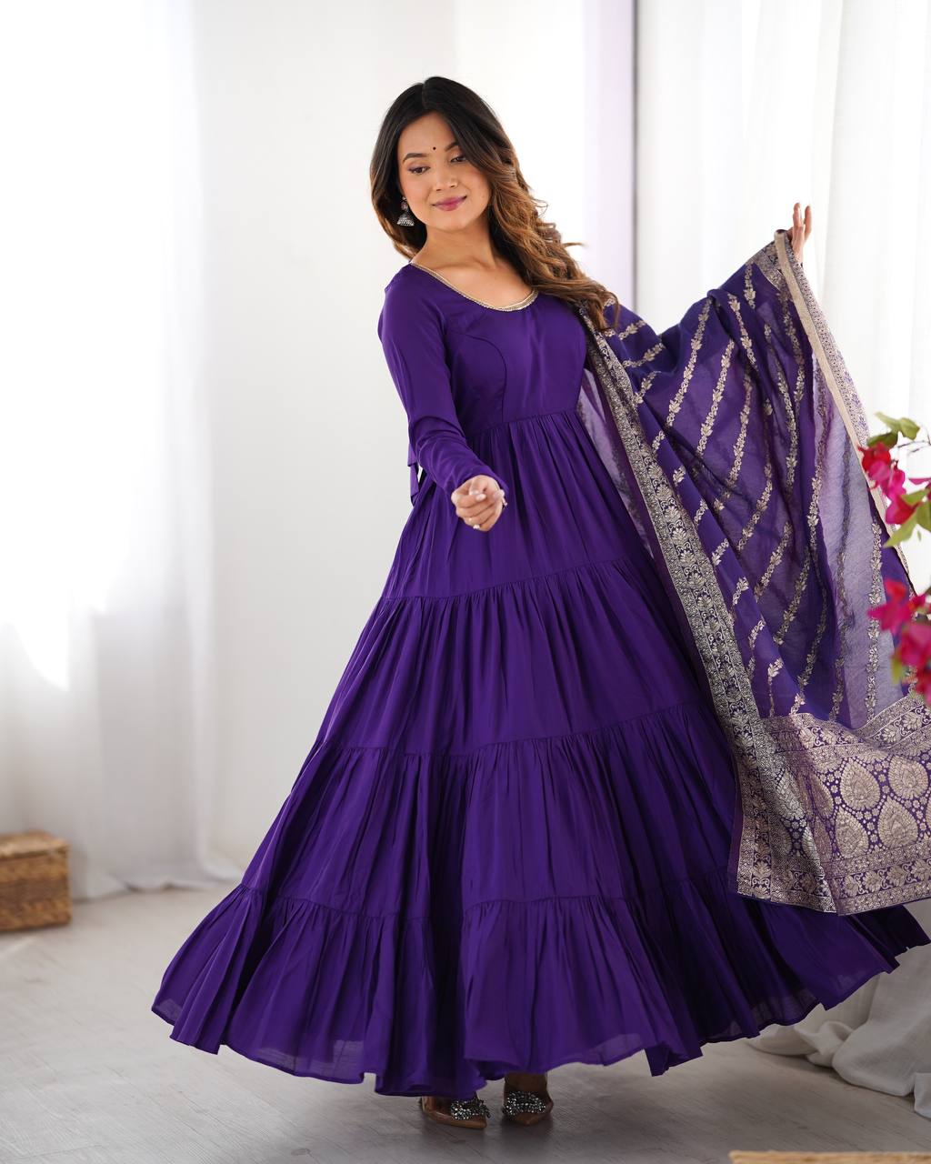 Dark Purple Silk Gown With Jacquard Banarasi Dupatta