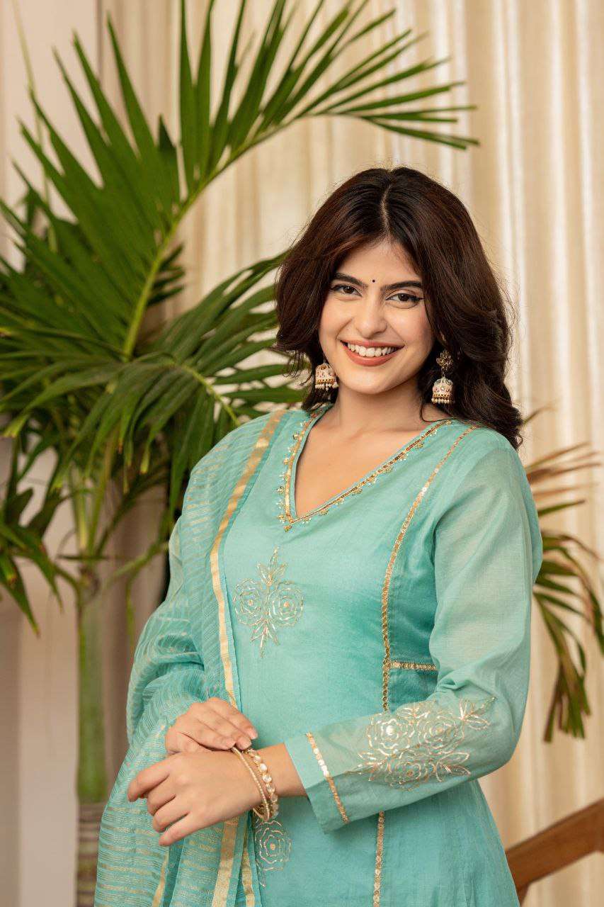 Elegant Aqua Blue Embroidered Cotton Silk Kurta Set with Dupatta