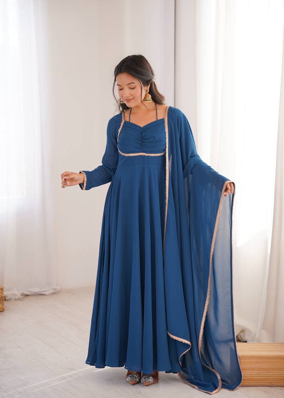 Elegant Teal Blue Anarkali Suit Set with Dupatta – Festive & Party Wear