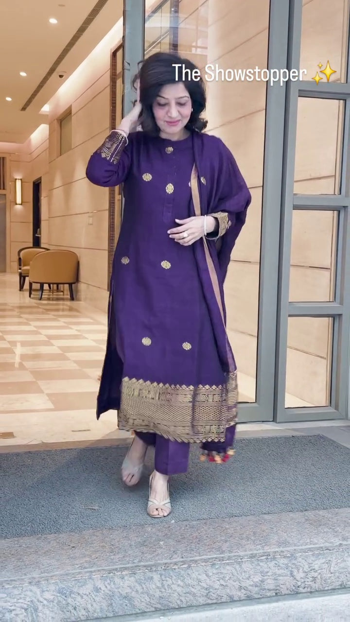 Elegant Purple Kurta Pant Set with Gold Motif Work & Border Dupatta